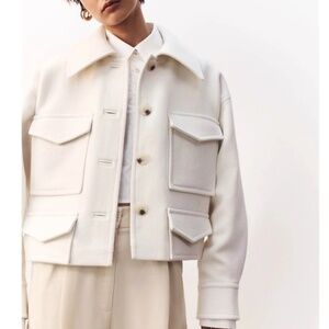 Shona Joy Gardenia Patch Pocket Crop Jacket - Ivory Cream Wool Oversized